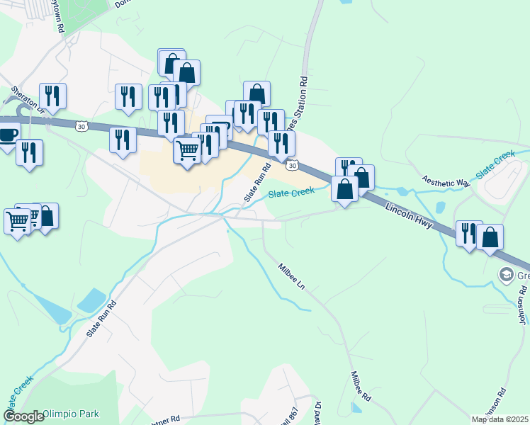 map of restaurants, bars, coffee shops, grocery stores, and more near 259 Old US Highway 30 in Greensburg