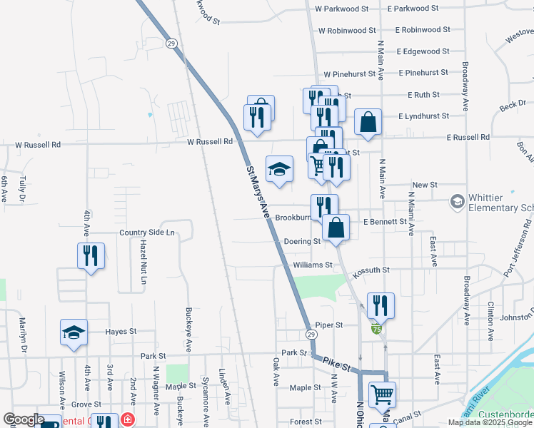 map of restaurants, bars, coffee shops, grocery stores, and more near 1152 Saint Marys Avenue in Sidney
