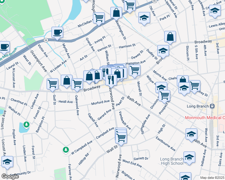 map of restaurants, bars, coffee shops, grocery stores, and more near 11 Norwood Avenue in Long Branch