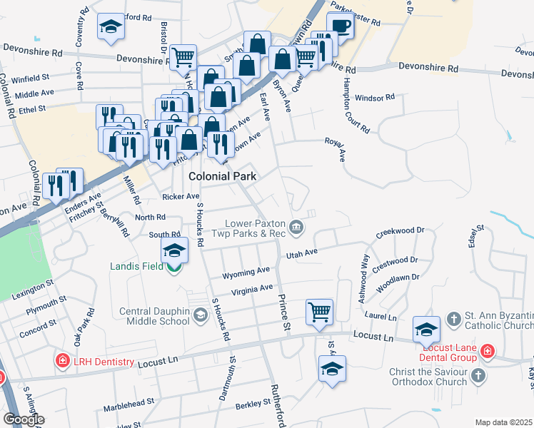 map of restaurants, bars, coffee shops, grocery stores, and more near 405 Prince Street in Harrisburg