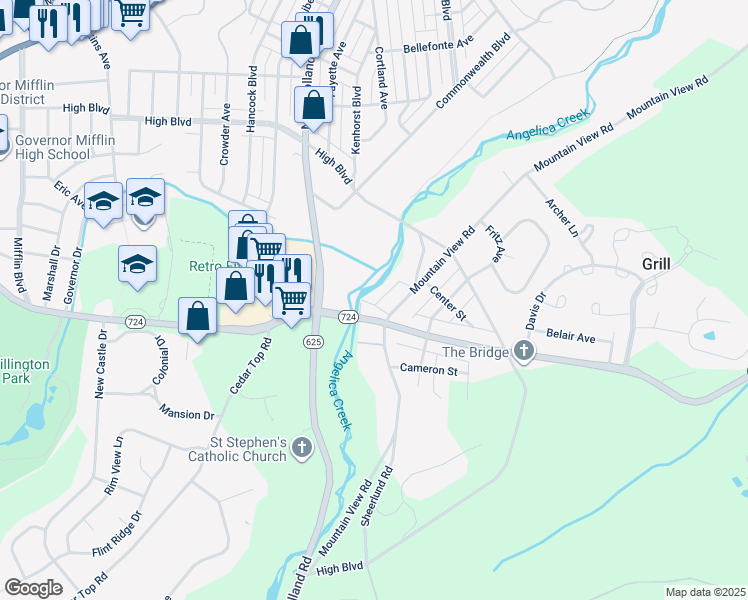 map of restaurants, bars, coffee shops, grocery stores, and more near 697 Mountain View Road in Reading