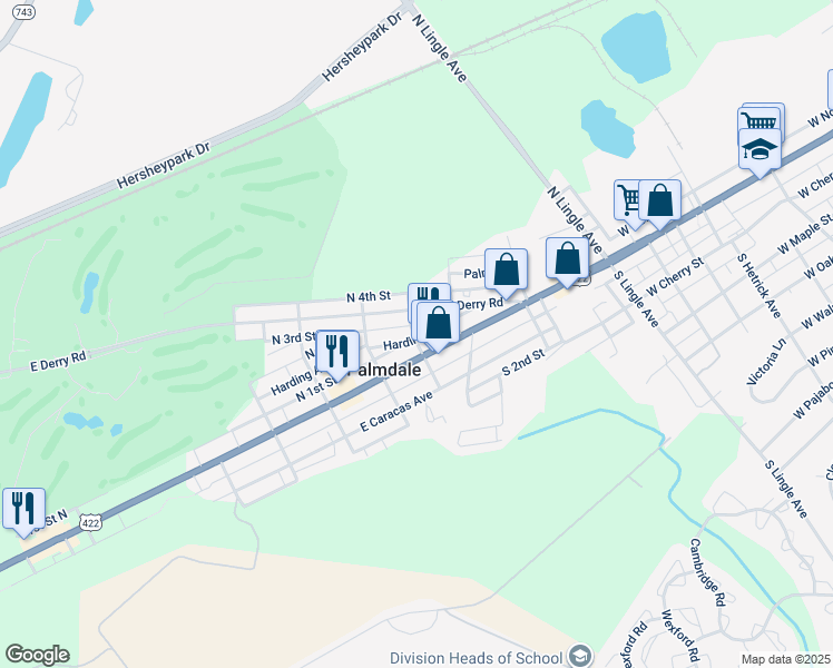 map of restaurants, bars, coffee shops, grocery stores, and more near 22 Walker Avenue in Hershey
