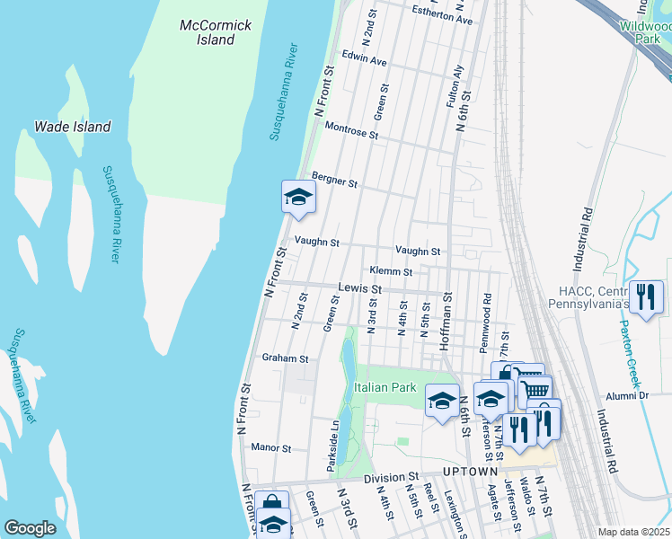 map of restaurants, bars, coffee shops, grocery stores, and more near 3221 North 2nd Street in Harrisburg