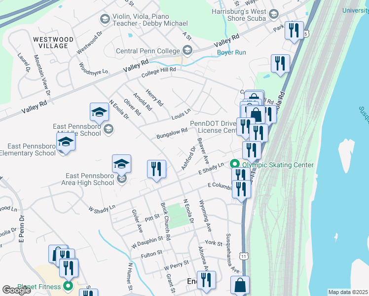 map of restaurants, bars, coffee shops, grocery stores, and more near 426 Duke Street in Enola