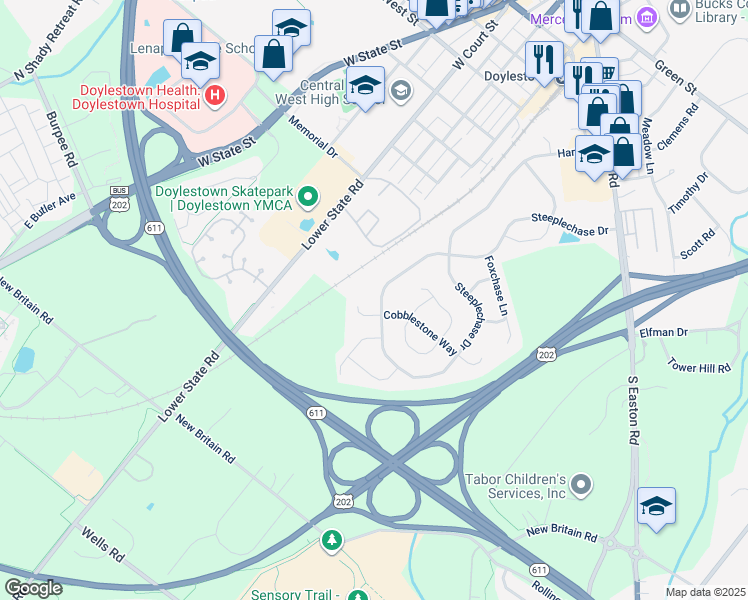 map of restaurants, bars, coffee shops, grocery stores, and more near 68 Steeplechase Drive in Doylestown