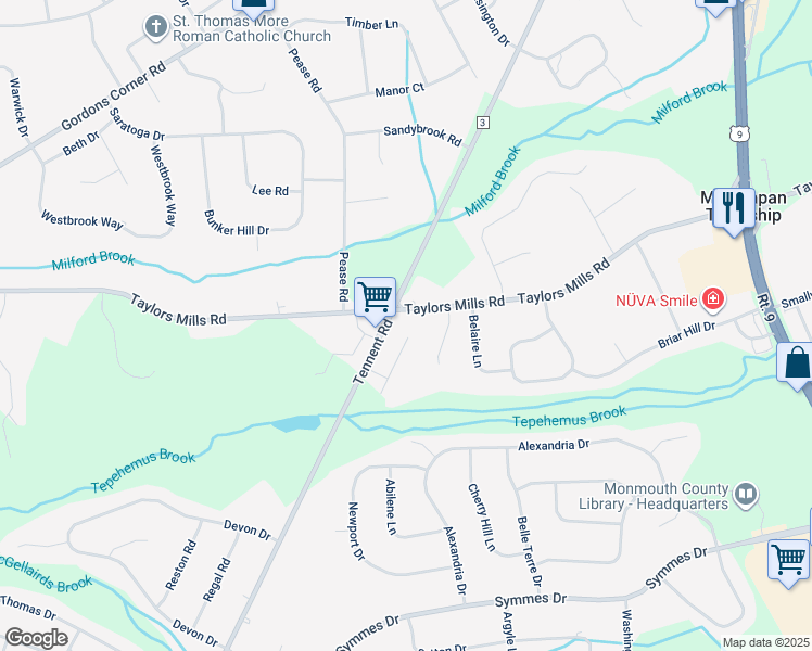 map of restaurants, bars, coffee shops, grocery stores, and more near 1 Derek Court in Manalapan Township