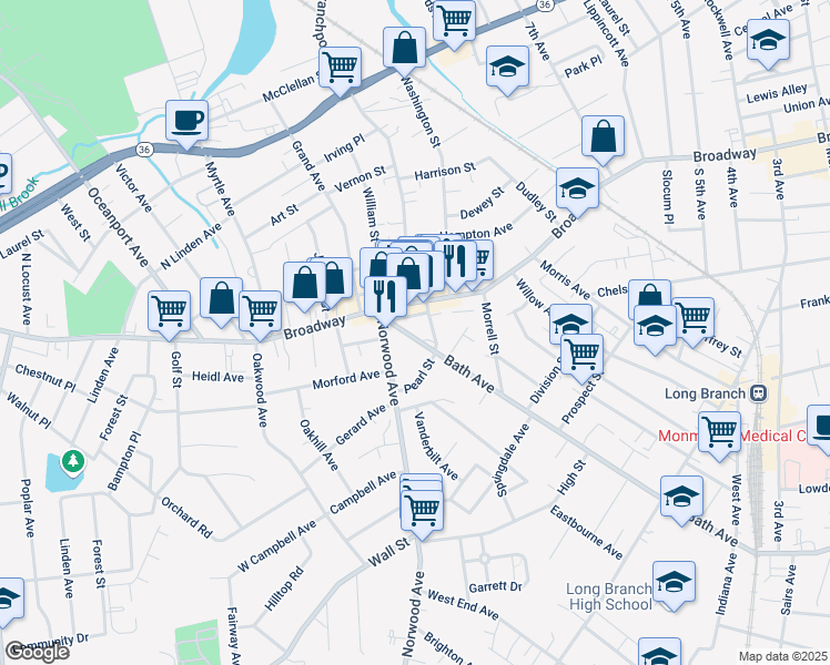 map of restaurants, bars, coffee shops, grocery stores, and more near 525 Bath Avenue in Long Branch