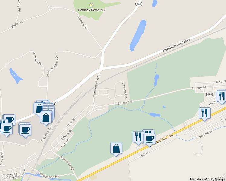 map of restaurants, bars, coffee shops, grocery stores, and more near 19 Carousel Circle in Hershey