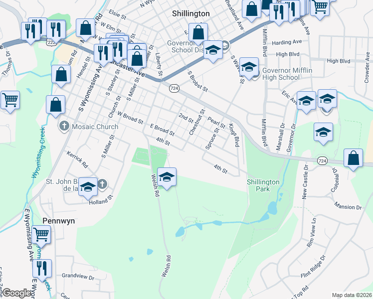 map of restaurants, bars, coffee shops, grocery stores, and more near 231 Chestnut Street in Shillington