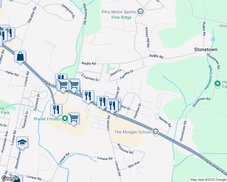 map of restaurants, bars, coffee shops, grocery stores, and more near 5795 Jefferson Drive in Reading