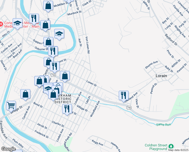map of restaurants, bars, coffee shops, grocery stores, and more near 317 Russell Avenue in Johnstown