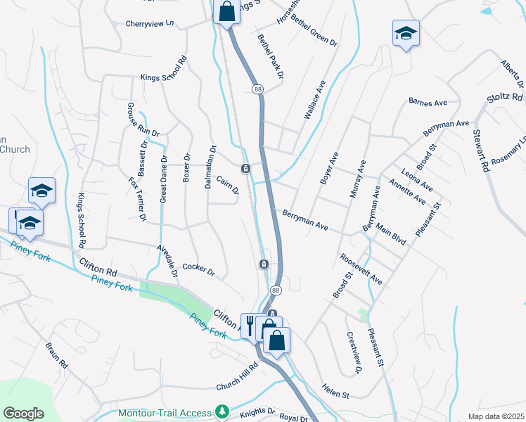 map of restaurants, bars, coffee shops, grocery stores, and more near 6104 Library Road in Bethel Park