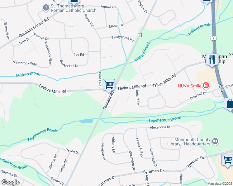map of restaurants, bars, coffee shops, grocery stores, and more near 1 Derek Court in Manalapan Township
