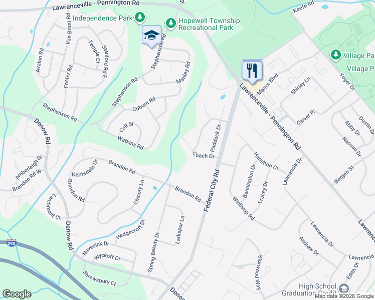 map of restaurants, bars, coffee shops, grocery stores, and more near 9 Coach Drive in Lawrence Township