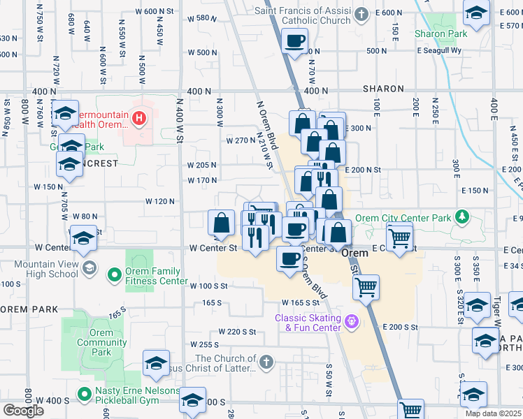 map of restaurants, bars, coffee shops, grocery stores, and more near 98 North Garden Park Drive in Orem