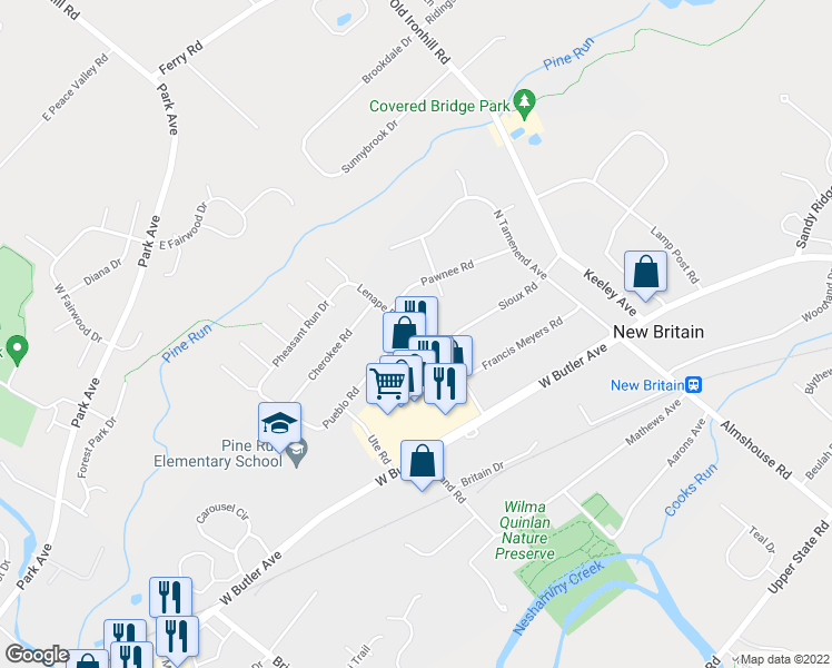 map of restaurants, bars, coffee shops, grocery stores, and more near 110 Lenape Drive in New Britain