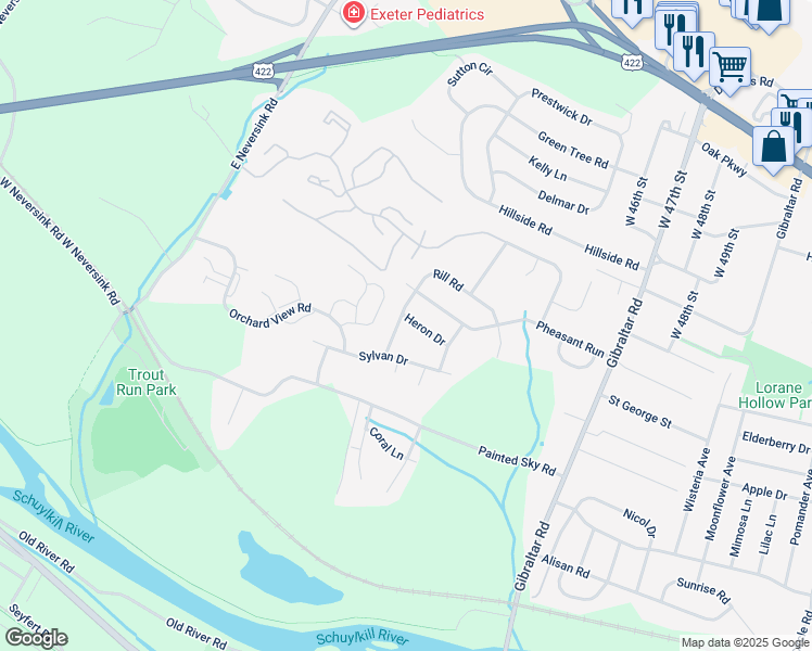 map of restaurants, bars, coffee shops, grocery stores, and more near 989 Rill Road in Reading
