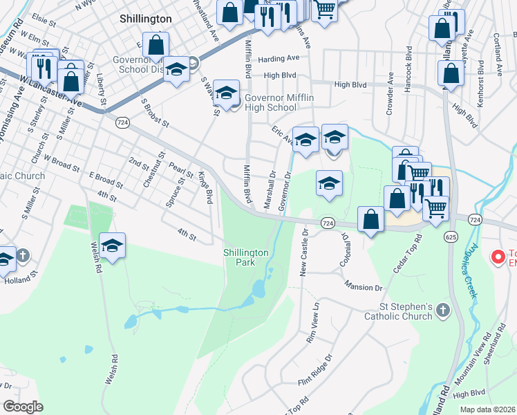map of restaurants, bars, coffee shops, grocery stores, and more near 512 Mifflin Boulevard in Reading