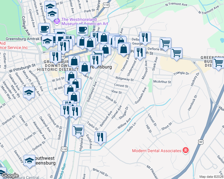 map of restaurants, bars, coffee shops, grocery stores, and more near 445 Vine Street in Greensburg