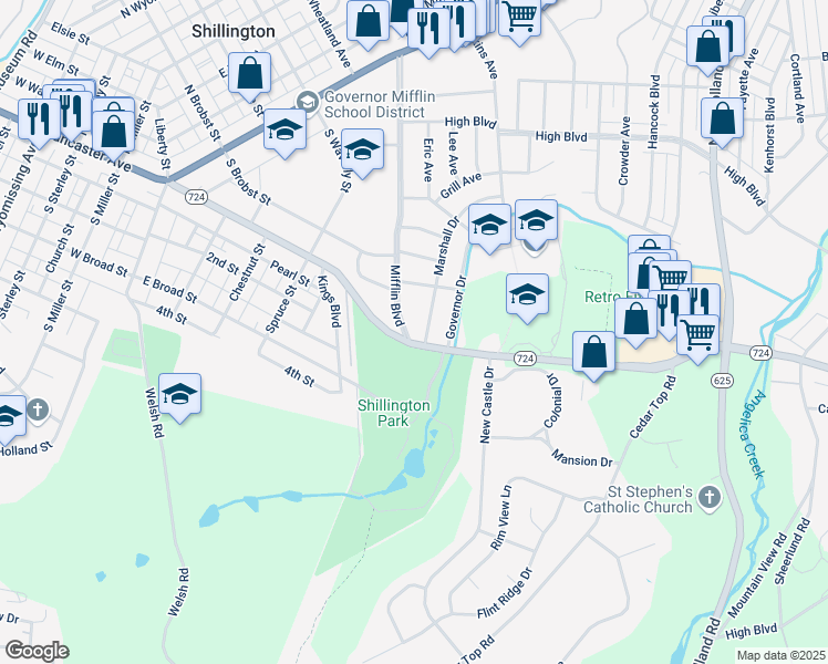 map of restaurants, bars, coffee shops, grocery stores, and more near 512 Mifflin Boulevard in Reading