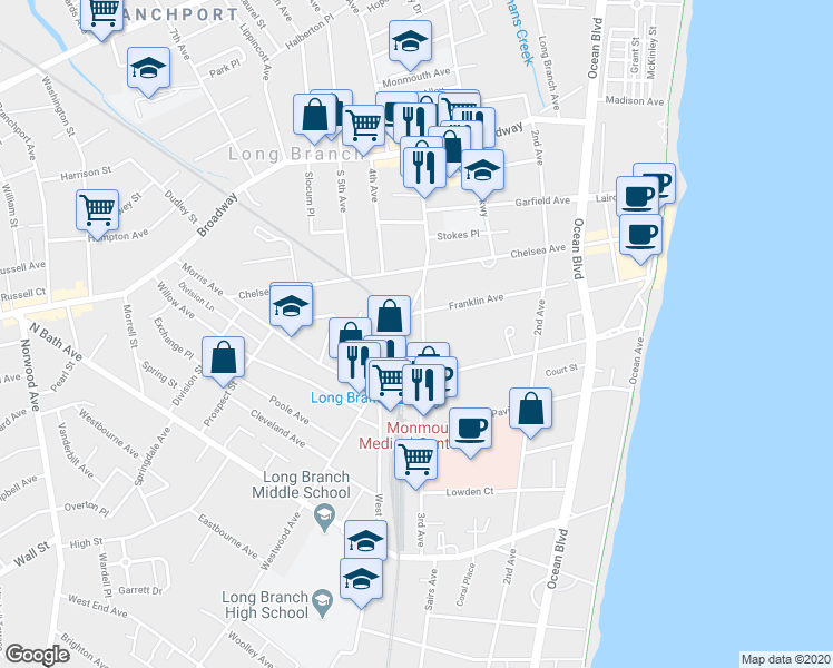 map of restaurants, bars, coffee shops, grocery stores, and more near 158 3rd Avenue in Long Branch