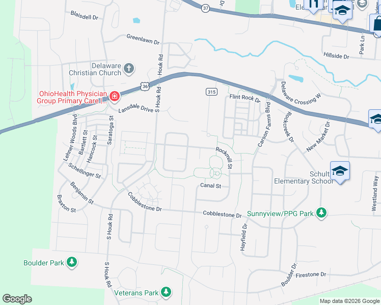 map of restaurants, bars, coffee shops, grocery stores, and more near 107 Merriston Circle in Delaware