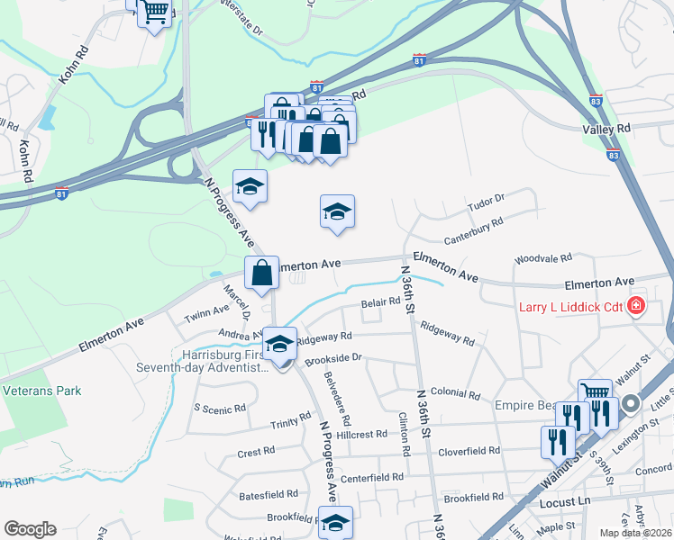 map of restaurants, bars, coffee shops, grocery stores, and more near 525 Susan Way in Harrisburg