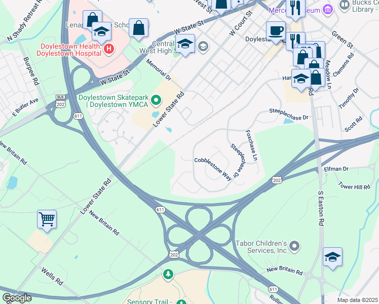 map of restaurants, bars, coffee shops, grocery stores, and more near 68 Steeplechase Drive in Doylestown