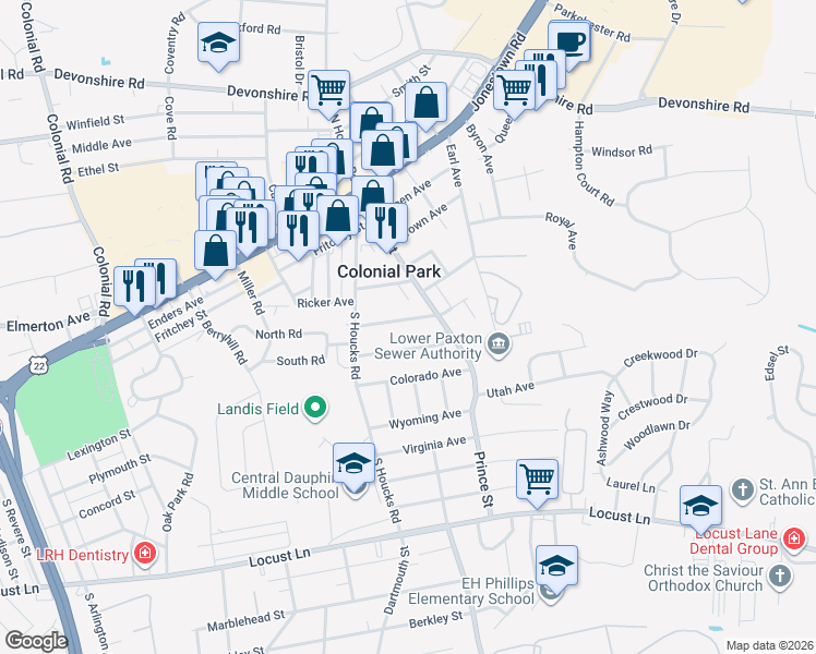map of restaurants, bars, coffee shops, grocery stores, and more near 4751 Count Street in Harrisburg