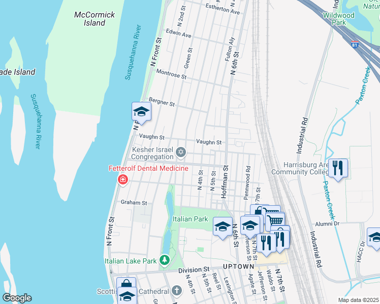 map of restaurants, bars, coffee shops, grocery stores, and more near 3217 North 3rd Street in Harrisburg