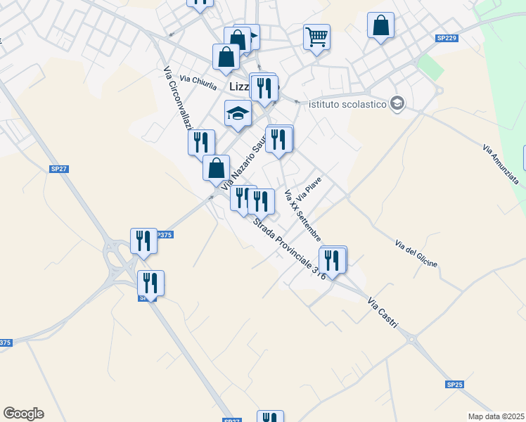 map of restaurants, bars, coffee shops, grocery stores, and more near 43 Via Paolo VI in Lizzanello