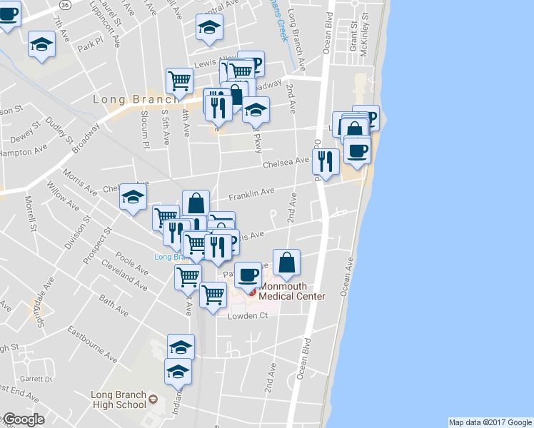 map of restaurants, bars, coffee shops, grocery stores, and more near 202 Villa Drive in Long Branch