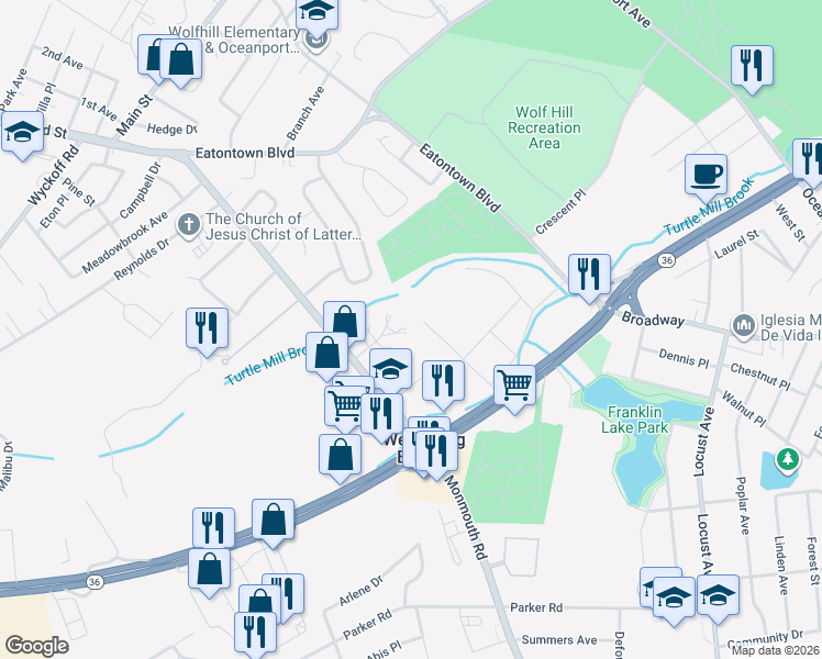 map of restaurants, bars, coffee shops, grocery stores, and more near 9 Belmont in West Long Branch