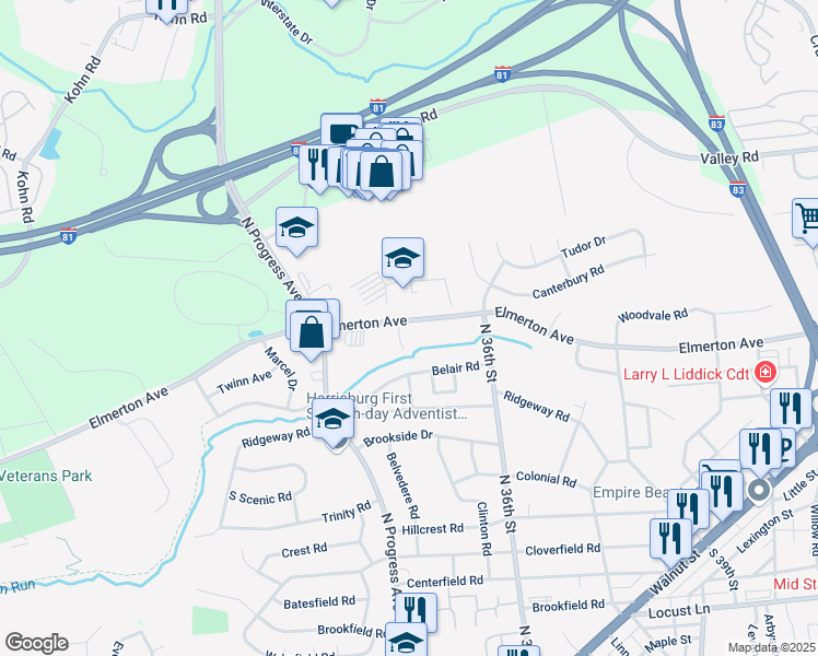 map of restaurants, bars, coffee shops, grocery stores, and more near Susan Way in Harrisburg