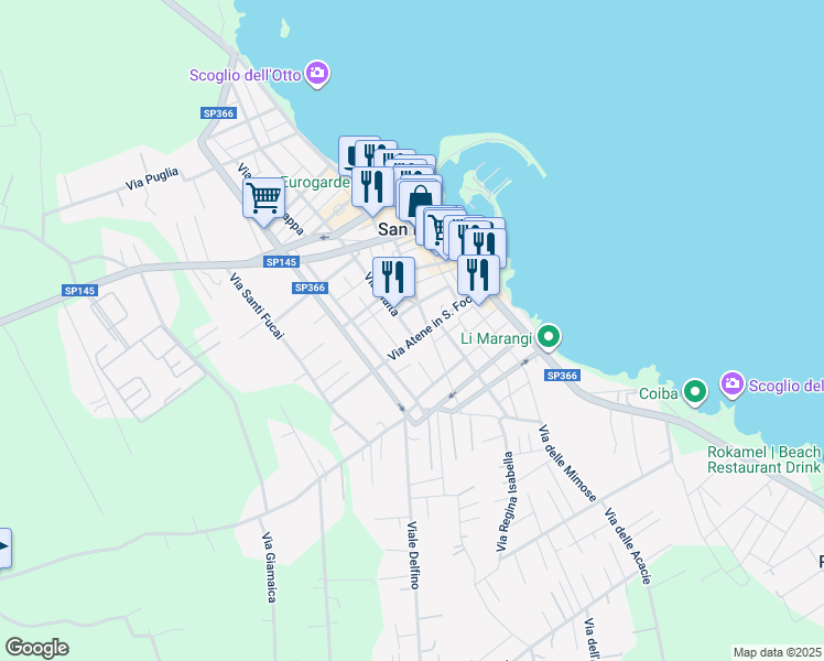 map of restaurants, bars, coffee shops, grocery stores, and more near 64 Via Malta in San Foca