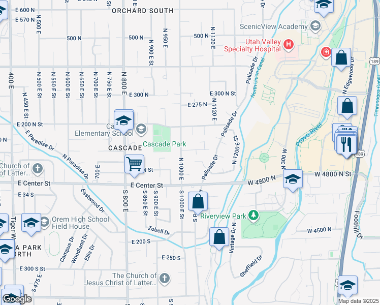 map of restaurants, bars, coffee shops, grocery stores, and more near 1040 East 120 North in Orem
