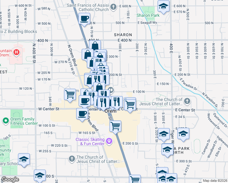 map of restaurants, bars, coffee shops, grocery stores, and more near 47 100 North in Orem