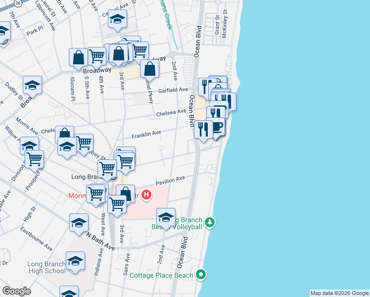 map of restaurants, bars, coffee shops, grocery stores, and more near 5 Nesto Terrace in Long Branch