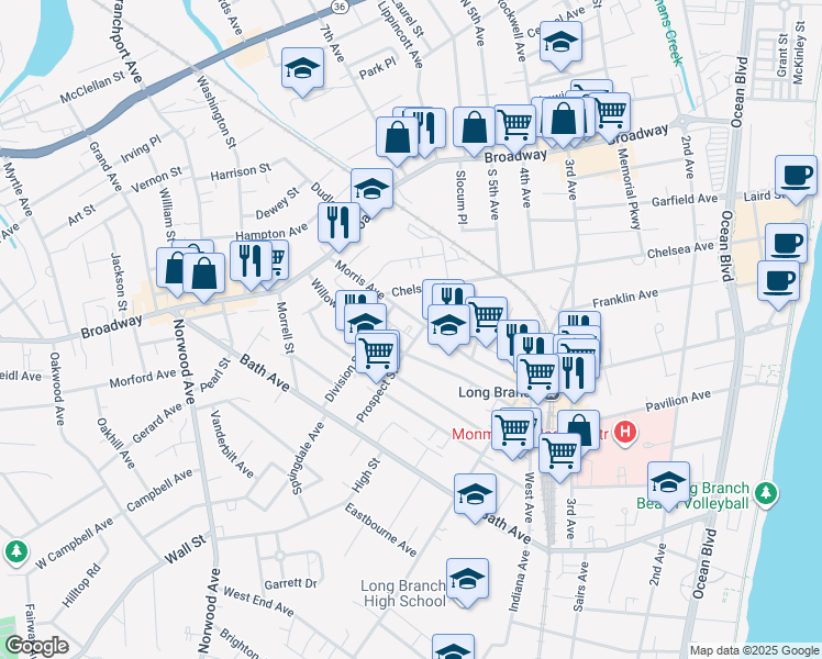 map of restaurants, bars, coffee shops, grocery stores, and more near 366 Prospect Street in Long Branch