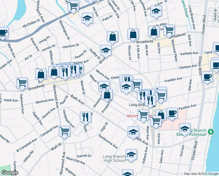map of restaurants, bars, coffee shops, grocery stores, and more near 380 Division Street in Long Branch