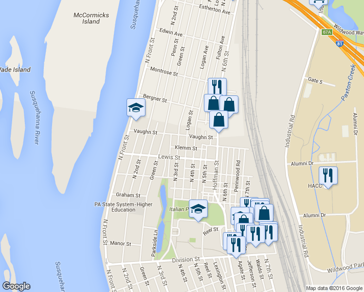 map of restaurants, bars, coffee shops, grocery stores, and more near 3217 North 3rd Street in Harrisburg