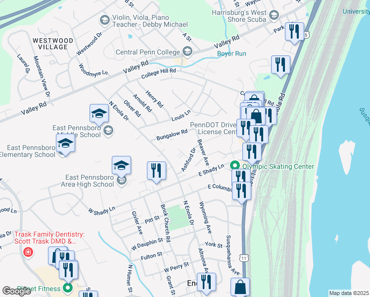 map of restaurants, bars, coffee shops, grocery stores, and more near 426 Duke Street in Enola