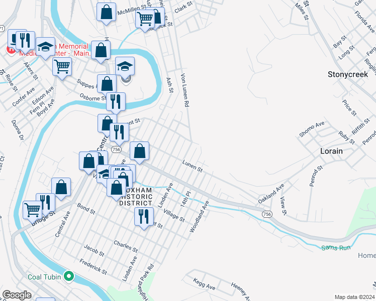 map of restaurants, bars, coffee shops, grocery stores, and more near 324 Linden Avenue in Johnstown
