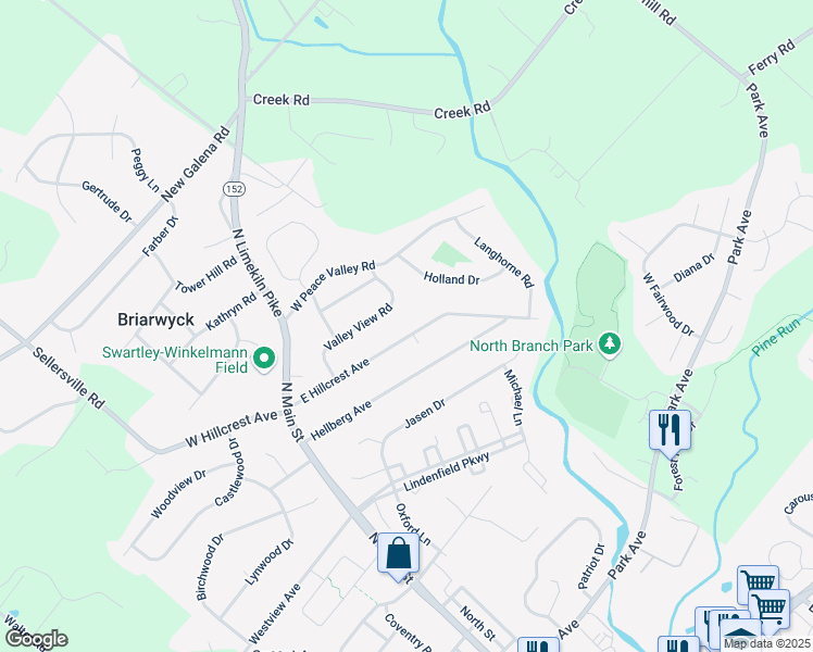map of restaurants, bars, coffee shops, grocery stores, and more near 63 East Hillcrest Avenue in Chalfont