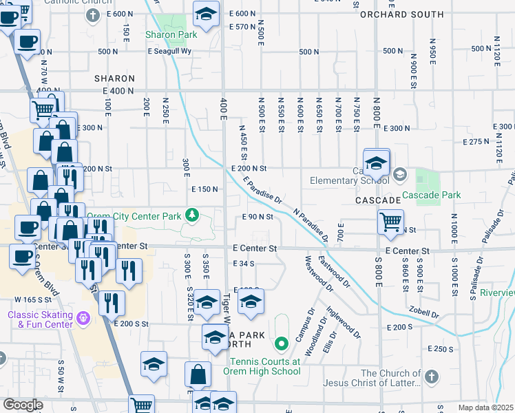map of restaurants, bars, coffee shops, grocery stores, and more near 478 East 130 North in Orem