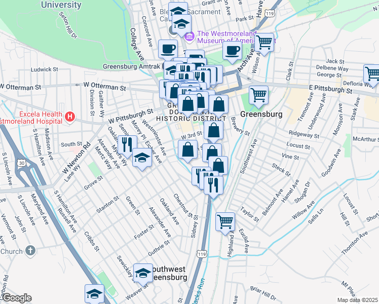 map of restaurants, bars, coffee shops, grocery stores, and more near 104 West 4th Street in Greensburg