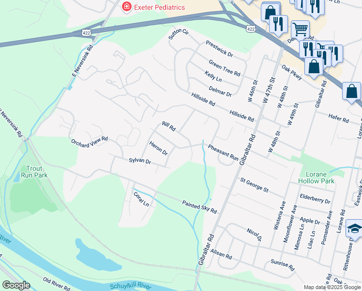 map of restaurants, bars, coffee shops, grocery stores, and more near 4496 Pheasant Run in Reading