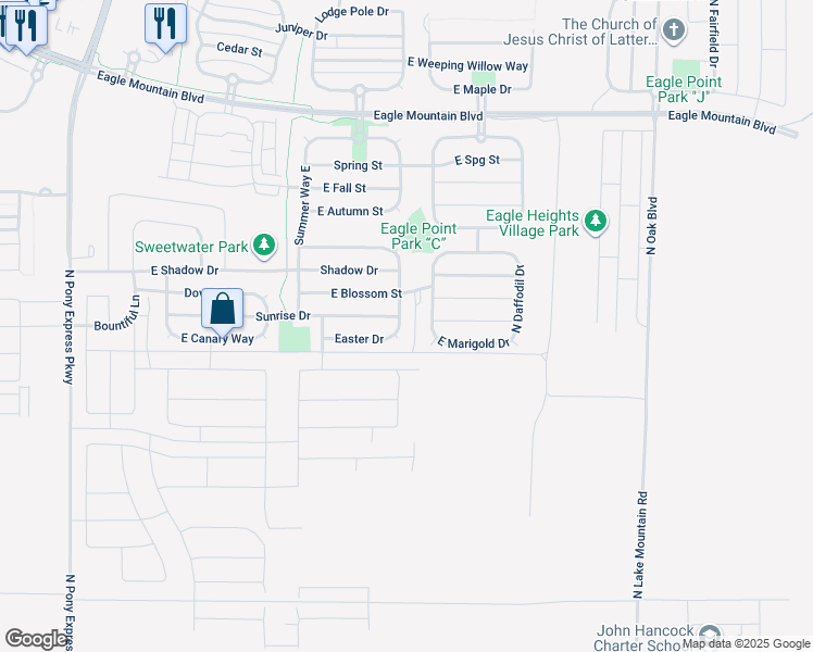 map of restaurants, bars, coffee shops, grocery stores, and more near 3566 Easter Drive in Eagle Mountain