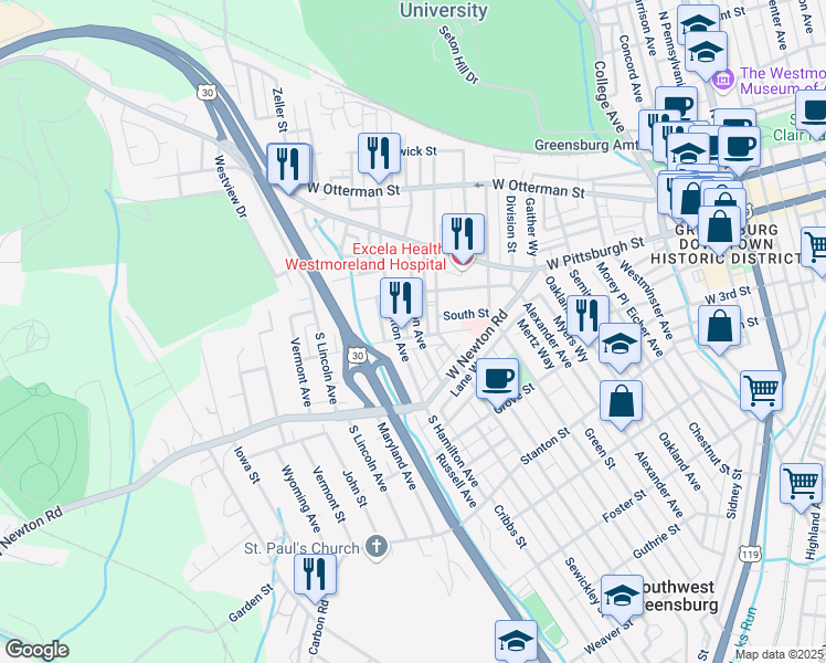 map of restaurants, bars, coffee shops, grocery stores, and more near 112 Madison Avenue in Greensburg
