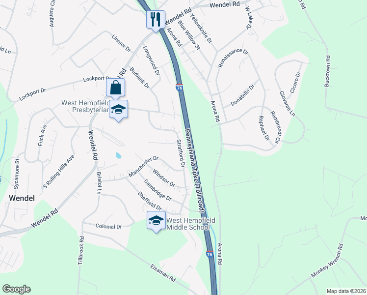 map of restaurants, bars, coffee shops, grocery stores, and more near 96 Stratford Drive in Irwin